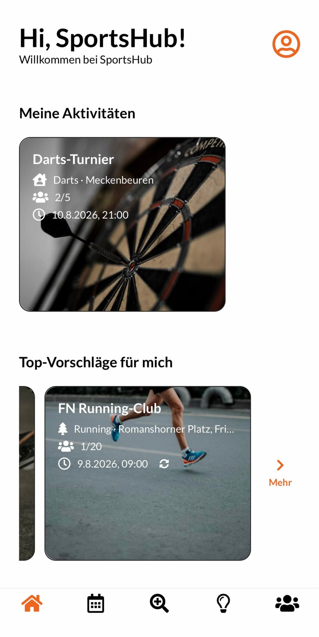 SportsHub Startbildschirm mit eigenen Aktivitäten und Vorschlägen